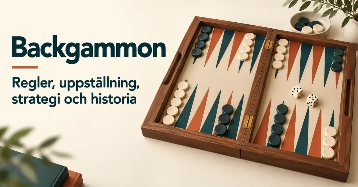 Backgammonbräde med ljusa och mörka brickor samt två tärningar bredvid texten ”Backgammon – Regler, uppställning, strategi och historia”.