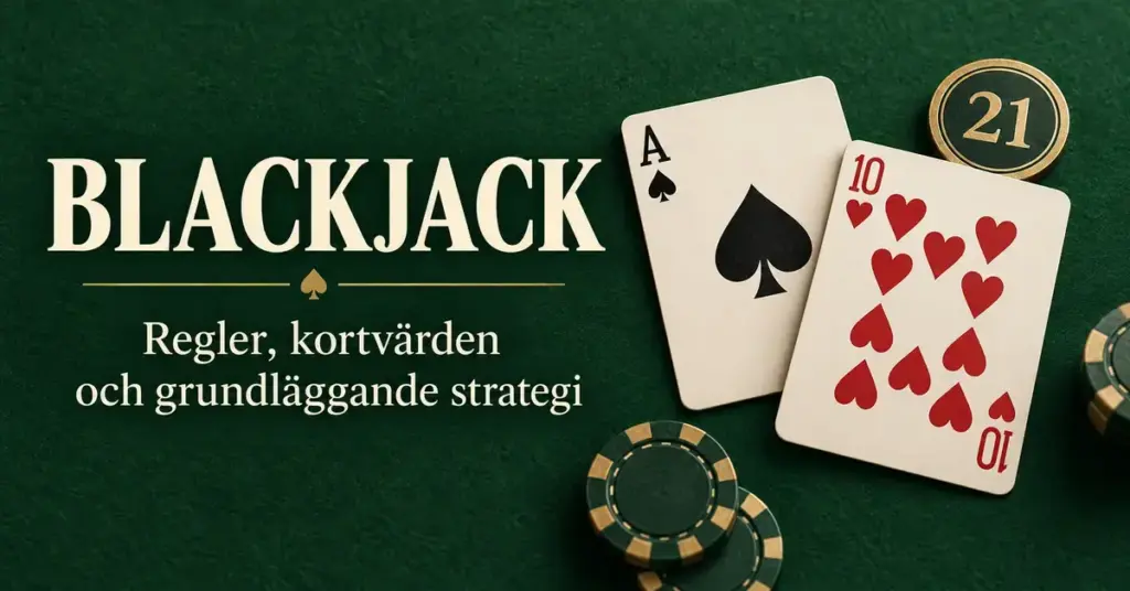 Spader ess och hjärter tio bildar blackjack på ett grönt spelbord med spelmarker och texten ”Blackjack – regler, kortvärden och grundläggande strategi”.