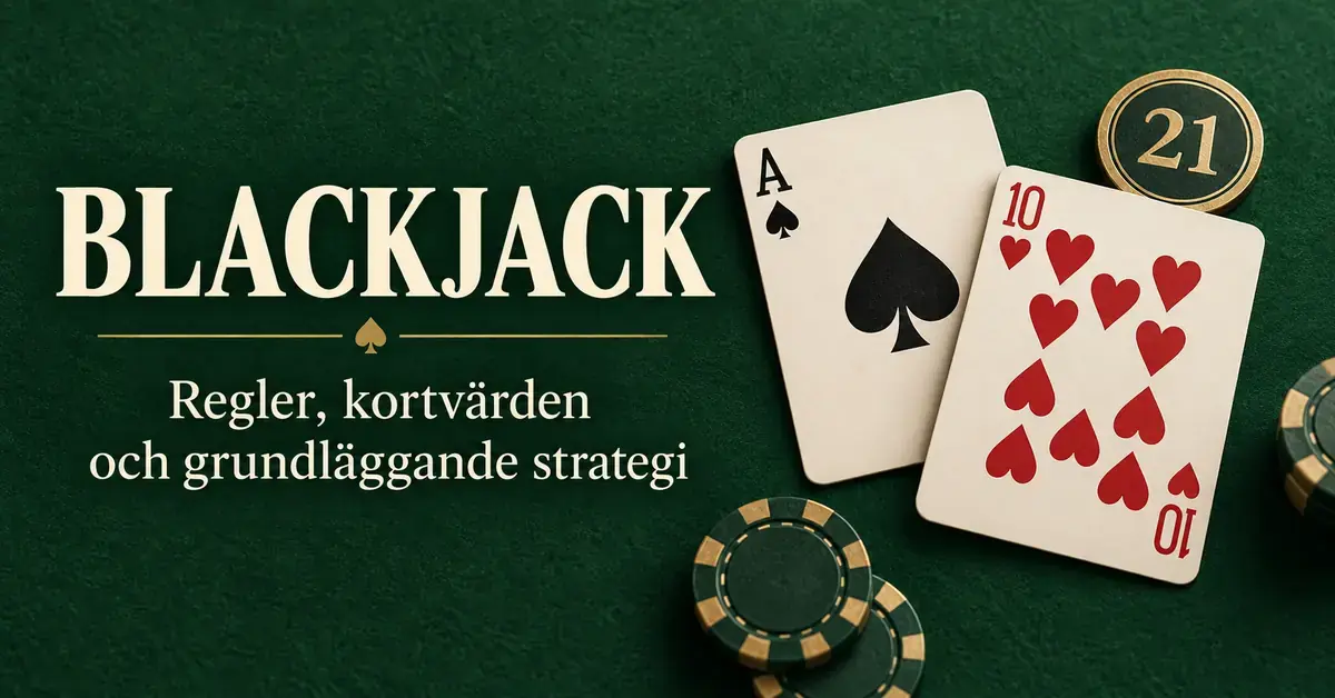 Spader ess och hjärter tio bildar blackjack på ett grönt spelbord med spelmarker och texten ”Blackjack – regler, kortvärden och grundläggande strategi”.