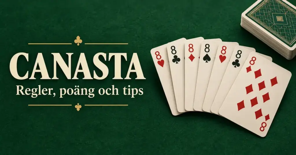 Sju åttor bildar en canasta på ett grönt spelbord intill en kortlek och texten ”Canasta – Regler, poäng och tips”.