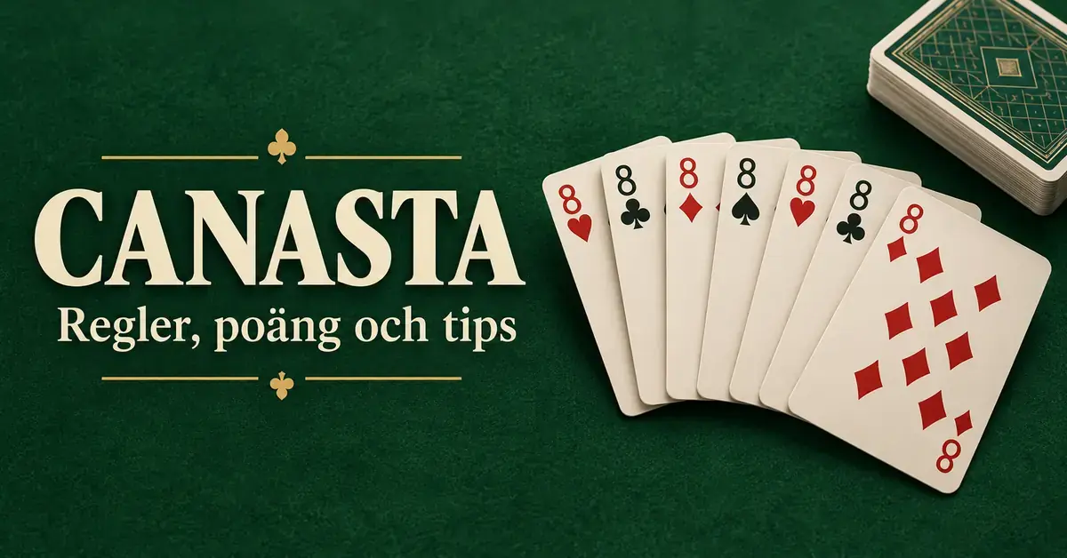 Sju åttor bildar en canasta på ett grönt spelbord intill en kortlek och texten ”Canasta – Regler, poäng och tips”.