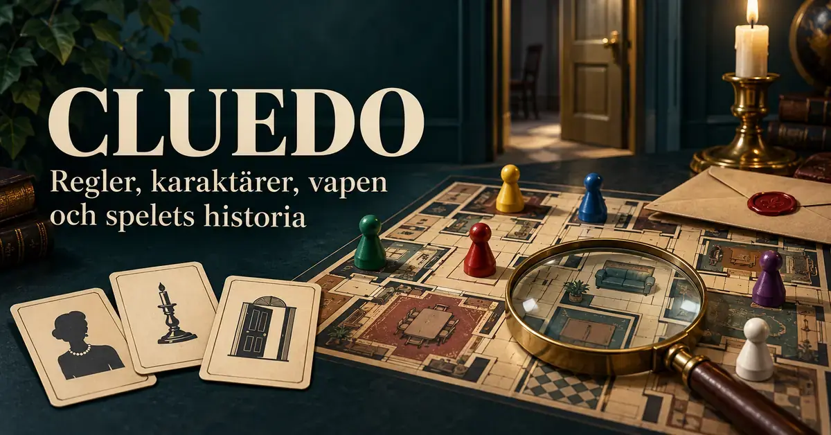 Illustration till en guide om Cluedo med spelplan, färgade spelpjäser, ledtrådskort, ett förstoringsglas och ett förseglat kuvert.