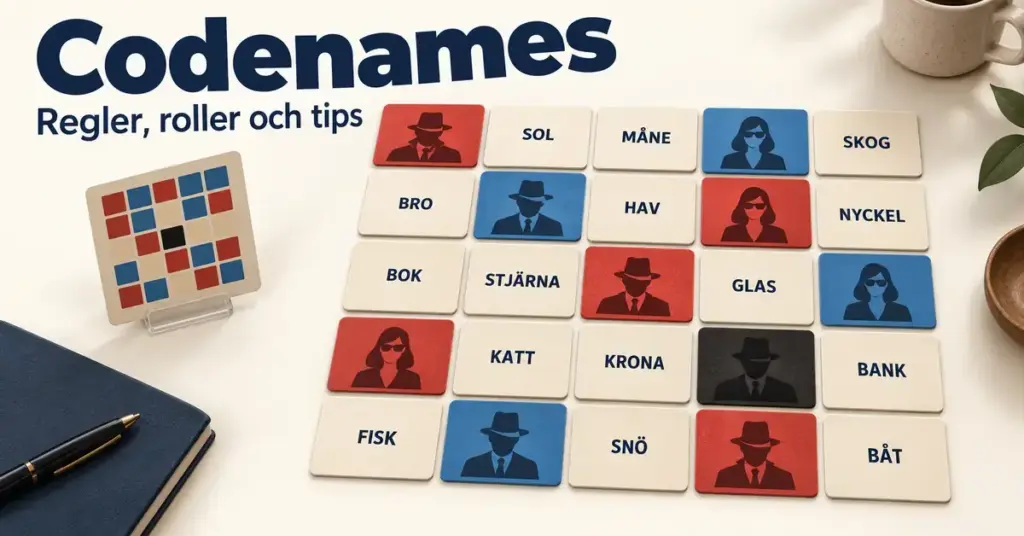 Illustration av Codenames med svenska ordkort i ett rutnät, röda och blå agentkort samt en kodnyckel under rubriken ”Regler, roller och tips”.