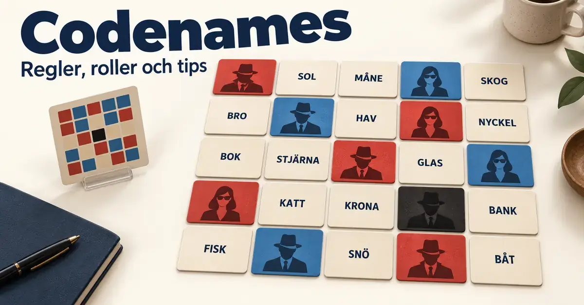 Illustration av Codenames med svenska ordkort i ett rutnät, röda och blå agentkort samt en kodnyckel under rubriken ”Regler, roller och tips”.
