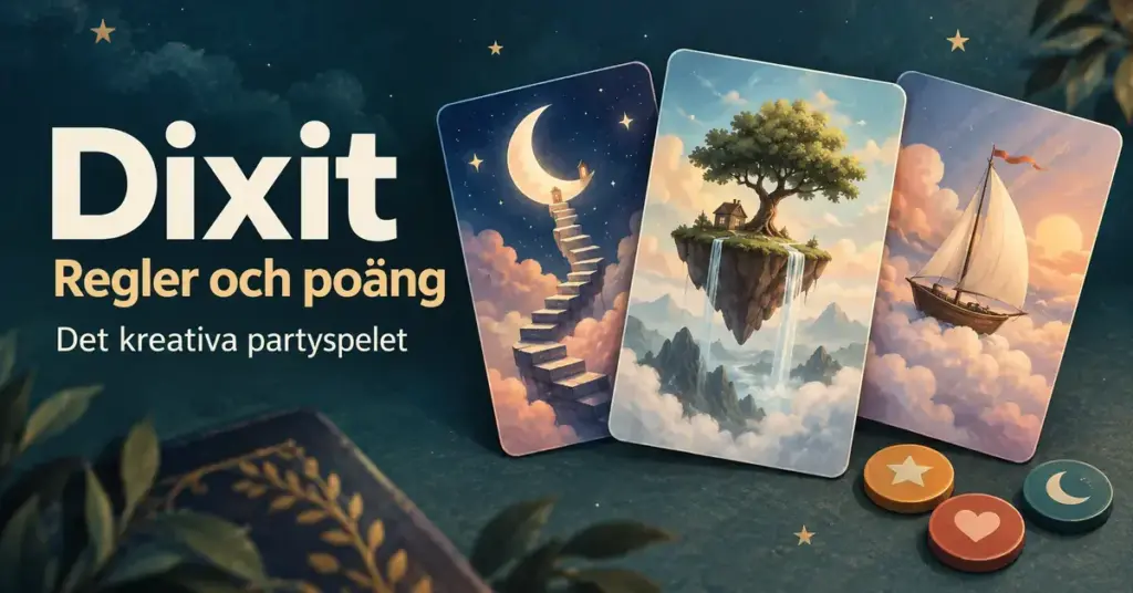 Tre fantasifulla bildkort och färgglada spelmarker intill texten ”Dixit – Regler och poäng – Det kreativa partyspelet”.