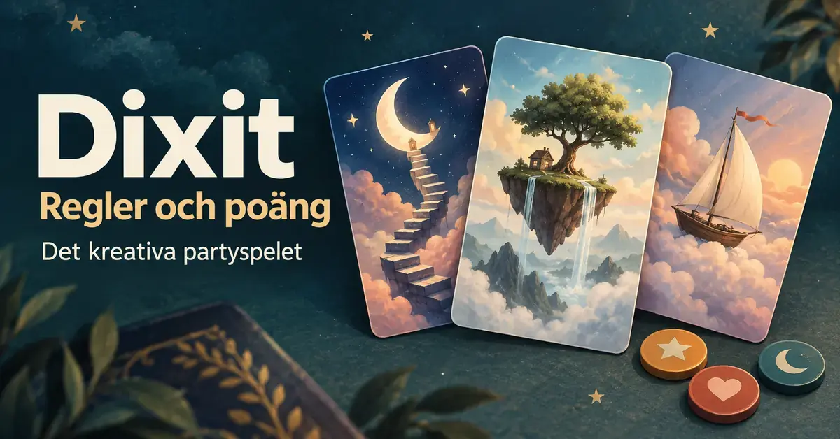 Tre fantasifulla bildkort och färgglada spelmarker intill texten ”Dixit – Regler och poäng – Det kreativa partyspelet”.