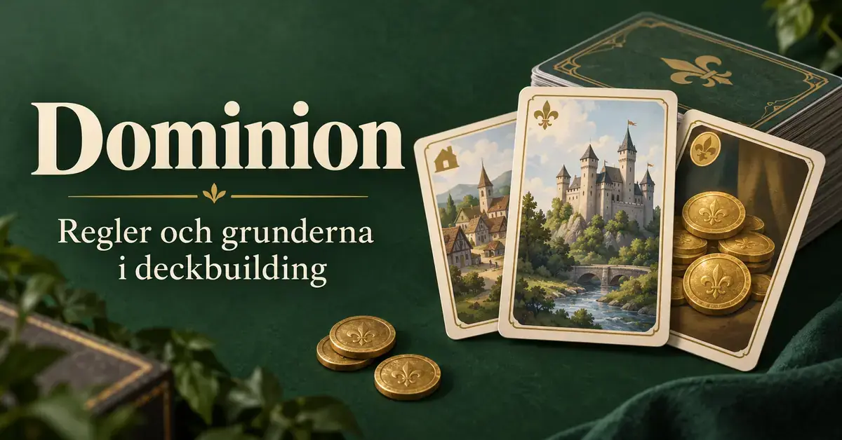 Illustrerade kort med ett slott, en by och guldmynt samt en kortlek mot grön bakgrund med texten ”Dominion – Regler och grunderna i deckbuilding”.