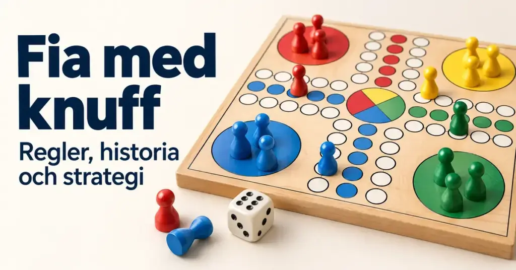 Fia med knuff med röda, gula, gröna och blå spelpjäser på en spelplan av trä, en tärning och texten ”Fia med knuff – Regler, historia och strategi”.