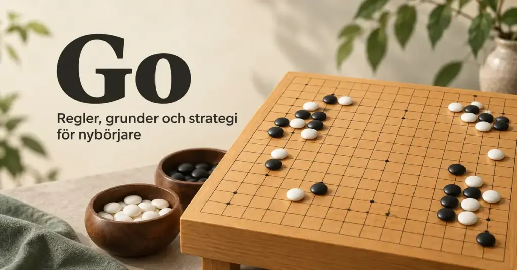 Svarta och vita stenar på ett Go-bräde av trä bredvid texten ”Go – Regler, grunder och strategi för nybörjare”.