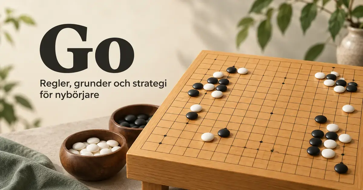 Svarta och vita stenar på ett Go-bräde av trä bredvid texten ”Go – Regler, grunder och strategi för nybörjare”.