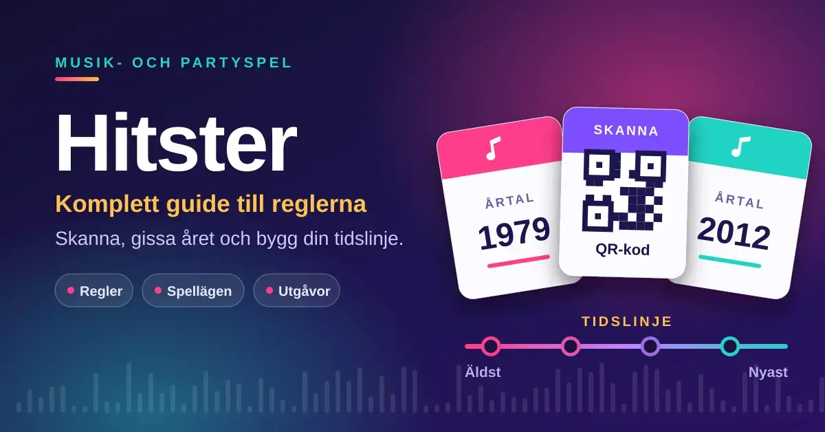 Grafik för guiden till Hitster med tre spelkort – två med årtalen 1979 och 2012 och ett med QR-kod – ovanför en färgad tidslinje från äldst till nyast.
