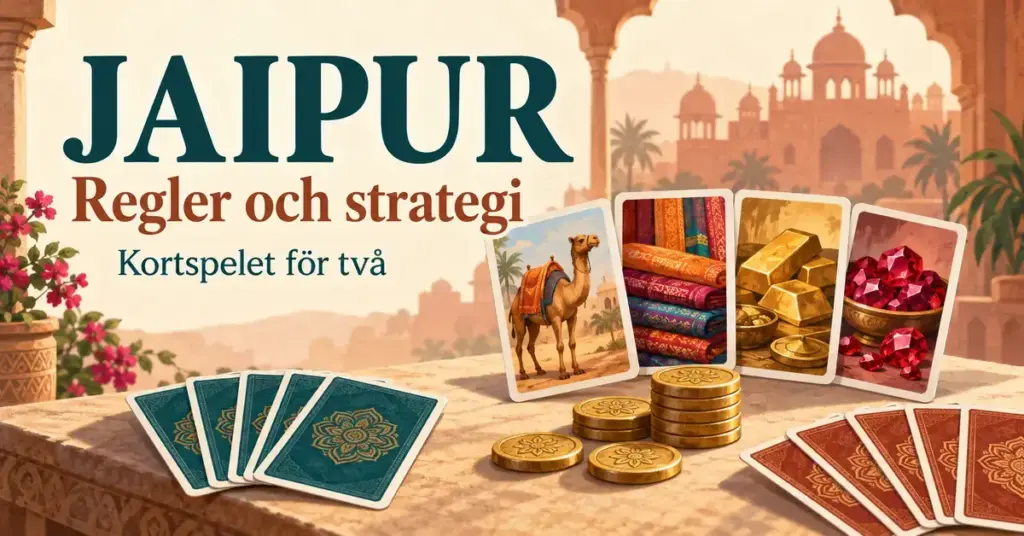 Illustration av handelskort med kamel, tyger, guld och ädelstenar samt mynt framför Jaipur-inspirerad arkitektur, med texten ”Jaipur – Regler och strategi – Kortspelet för två”.