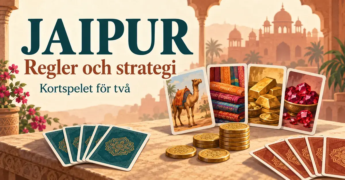 Illustration av handelskort med kamel, tyger, guld och ädelstenar samt mynt framför Jaipur-inspirerad arkitektur, med texten ”Jaipur – Regler och strategi – Kortspelet för två”.