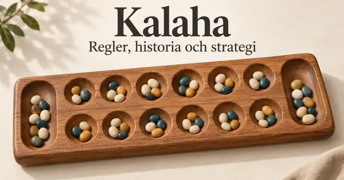 Kalaha-bräde i trä med två rader av sex små gropar, två stora samlingsgropar och färgade spelstenar under rubriken ”Kalaha – Regler, historia och strategi”.