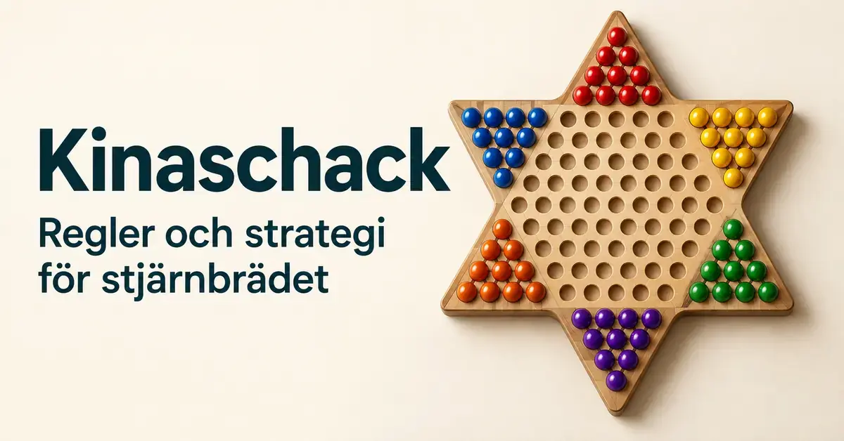 Stjärnformat kinaschackbräde i trä med kulor i sex färger bredvid texten ”Kinaschack – Regler och strategi för stjärnbrädet”.