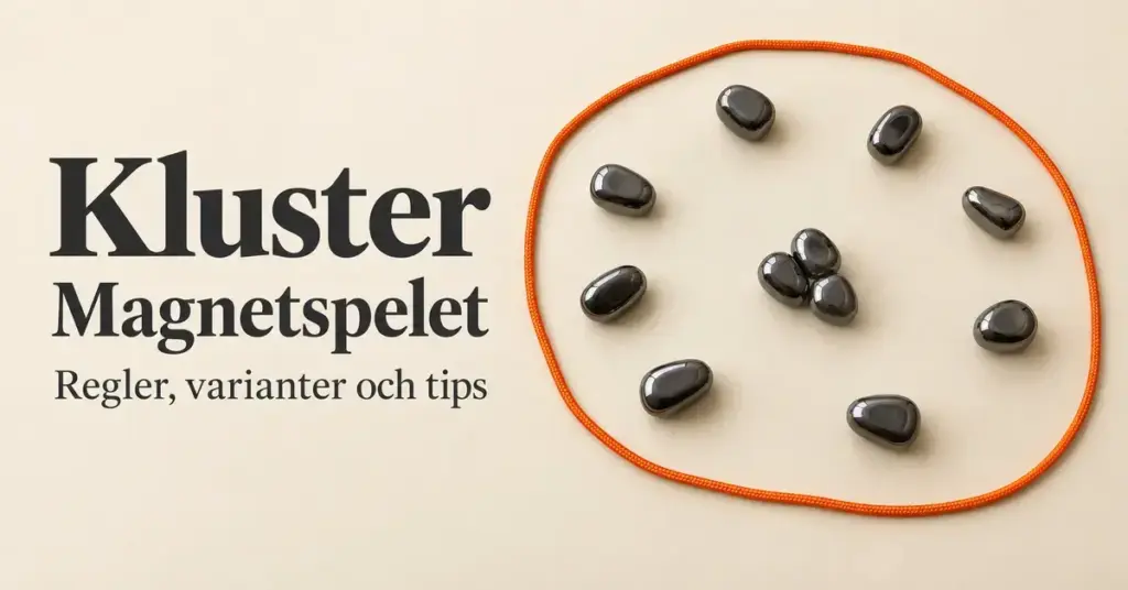 Blanka mörka magneter ligger utspridda och i ett litet kluster innanför ett orange snöre bredvid texten ”Kluster – Magnetspelet: Regler, varianter och tips”.