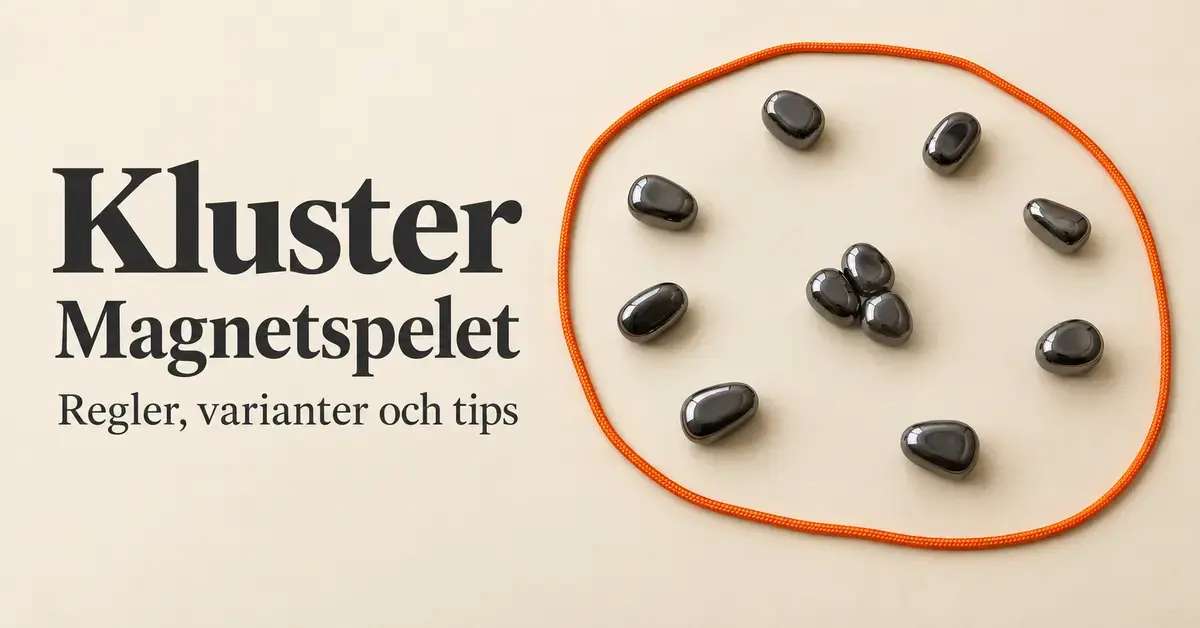 Blanka mörka magneter ligger utspridda och i ett litet kluster innanför ett orange snöre bredvid texten ”Kluster – Magnetspelet: Regler, varianter och tips”.