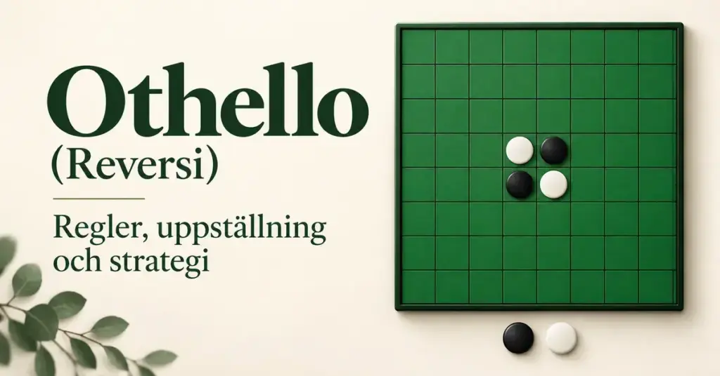 Grönt Othello-bräde med fyra svarta och vita brickor i startuppställning bredvid rubriken ”Othello (Reversi) – regler, uppställning och strategi”.