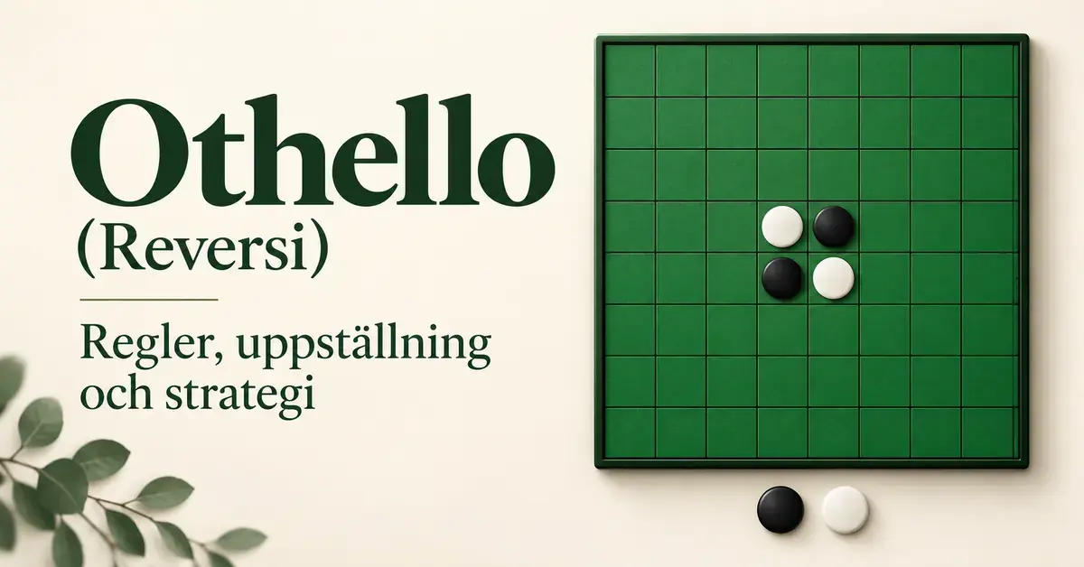 Grönt Othello-bräde med fyra svarta och vita brickor i startuppställning bredvid rubriken ”Othello (Reversi) – regler, uppställning och strategi”.