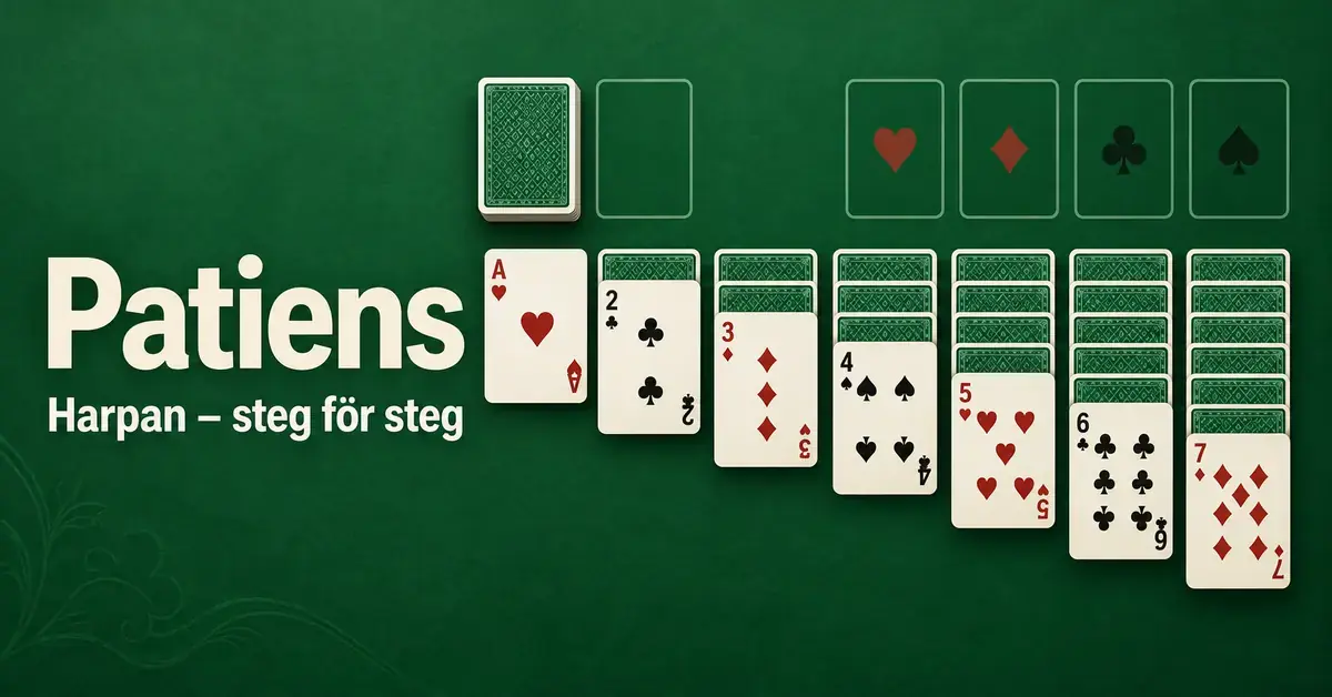 Patiens med sju kortkolumner, talong och fyra grundhögar på grön bakgrund samt texten ”Patiens – Harpan – steg för steg”.