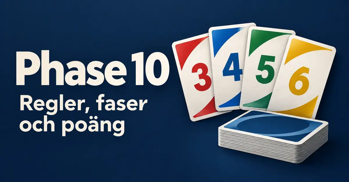 Illustration med färgglada nummerkort och en kortlek på mörkblå bakgrund samt texten ”Phase 10 – Regler, faser och poäng”.