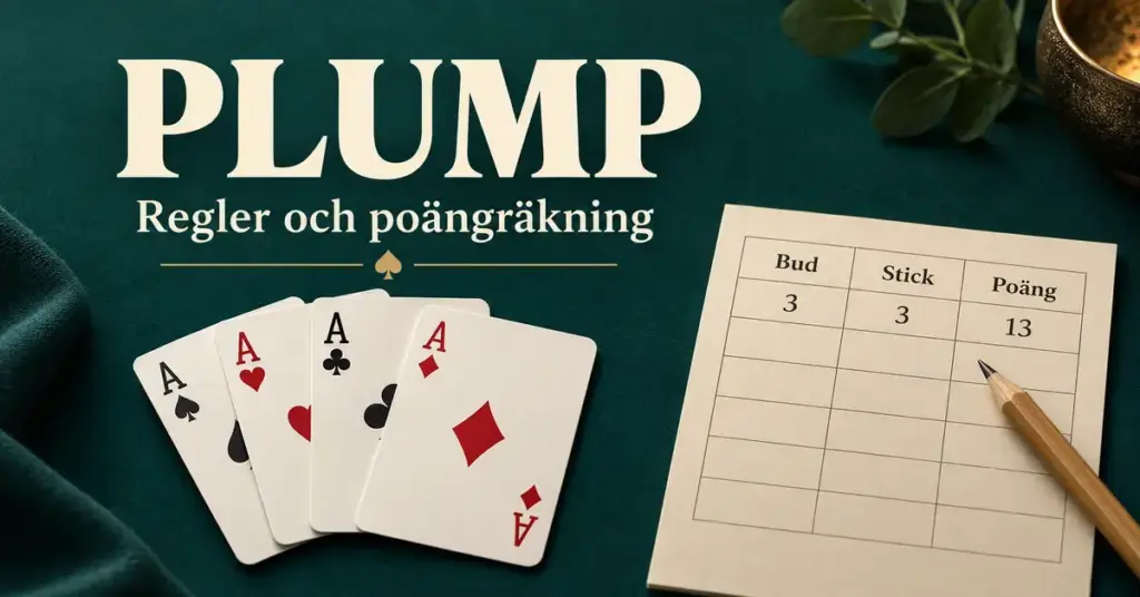 Fyra ess och ett poängprotokoll med budet 3, 3 tagna stick och 13 poäng på en grön duk under rubriken Plump – regler och poängräkning.