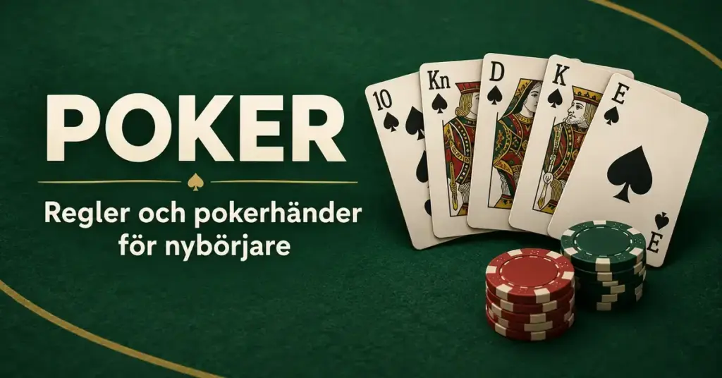 Fem spelkort i spader och röda och gröna pokermarker på grön filt intill texten ”Poker – Regler och pokerhänder för nybörjare”.
