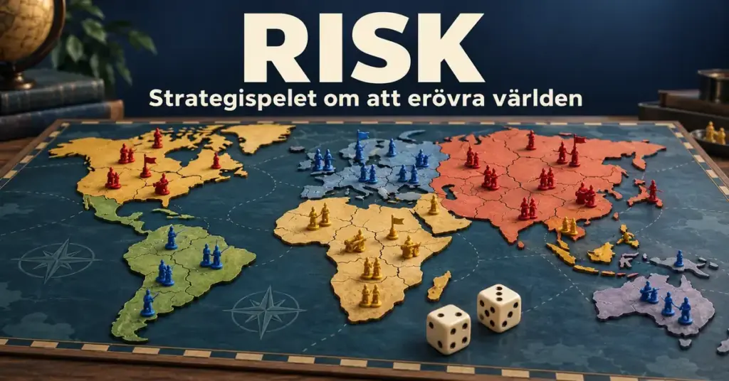 Illustration av en världskarta med färgade armépjäser och två tärningar under texten ”Risk – Strategispelet om att erövra världen”.