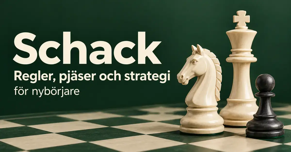 En vit springare och kung samt en svart bonde på ett schackbräde intill texten ”Schack – Regler, pjäser och strategi för nybörjare”.