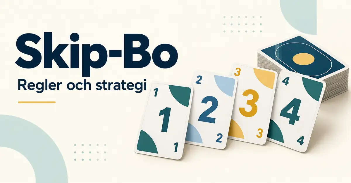 Illustration med numrerade kort i en stigande följd och en korthög intill rubriken ”Skip-Bo – Regler och strategi”.