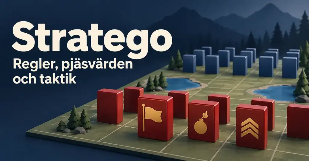 Illustration av röda och blå Stratego-pjäser på ett rutat spelbräde med flagga, bomb och gradbeteckning samt texten ”Stratego – Regler, pjäsvärden och taktik”.