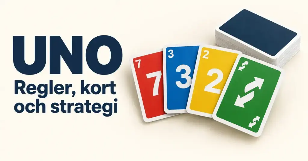 Färgglada spelkort och en korthög på ljus bakgrund bredvid texten ”UNO – Regler, kort och strategi”.