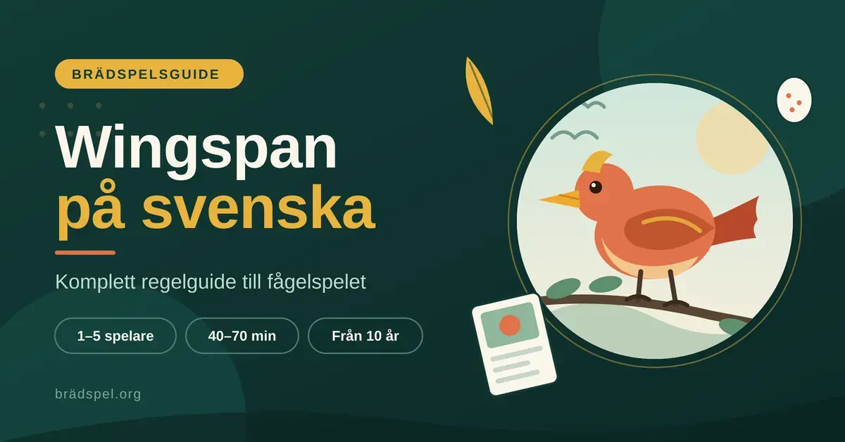Grafisk illustration av en färgglad fågel som sitter på en gren bredvid ett fågelkort, med texten "Wingspan på svenska – komplett regelguide till fågelspelet".