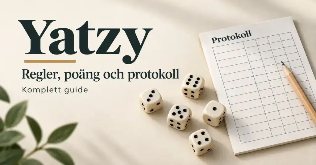 Fem tärningar, ett protokoll och en penna bredvid rubriken Yatzy – regler, poäng och protokoll.