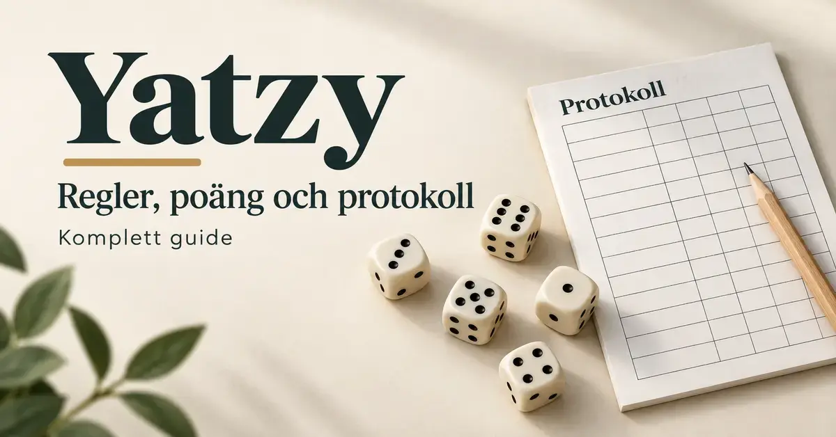 Fem tärningar, ett protokoll och en penna bredvid rubriken Yatzy – regler, poäng och protokoll.